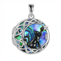 wholesale 925 Sterling Silver Abalone Shell Celtic Moon Black Cat Locket Pendant Necklace for Women-G-Black Cat Abalone Locket Necklace Without Chain