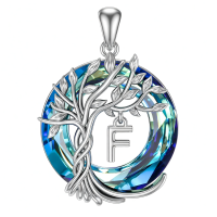 wholesale 925 Sterling Silver Blue Crystal Tree of Life Initial Necklace Family Letter Pendant Birthday Mother s Day Gifts for Her-Tree of Life F Initial Without Chain