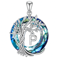 wholesale 925 Sterling Silver Blue Crystal Tree of Life Initial Necklace Family Letter Pendant Birthday Mother s Day Gifts for Her-Tree of Life P Initial Without Chain