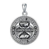 wholesale 925 Sterling Silver Gothic Skull Memento Mori Pendant Necklace with Carpe Diem and Roman Numerals Design - 24 Inches  Stoic s for Men & Women-Memento Mori-2 Without Chain