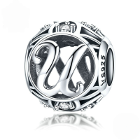 wholesale Metal S925 silver DIY letter beads, hollow initials, bracelet charms, factory direct.-U