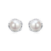 wholesale 925 Sterling Silver Elegant Pearl Stud Earrings In Silver Floral Setting-undefined