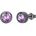 wholesale 925 Sterling Silver Stud Earrings Black Gold Plated Round Amethyst Crystal-0-0