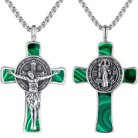 wholesale 925 Sterling Silver Oxidized Malachite Saint Benedict Crucifix Cross Pendant Necklace-C04-Saint Benedict Crucifix(Malachite)-C04-Saint Benedict Crucifix(Malachite)