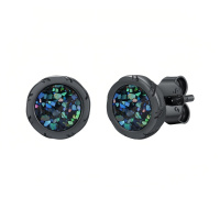 wholesale 925 Sterling Silver Black Gold Plated Round Iridescent Opal Stud Earrings-Black-Abalone Gravel-Black-Abalone Gravel