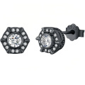 wholesale 925 Sterling Silver Black Gold Plated Zircon Hexagon Halo Stud Earrings For Women-0-0