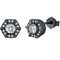 wholesale 925 Sterling Silver Black Gold Plated Zircon Hexagon Halo Stud Earrings For Women-Black-Black