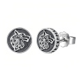 wholesale 925 Sterling Silver Viking Wolf Head Rune Oxidized Stud Earrings-0-0