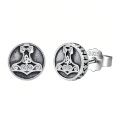wholesale 925 Sterling Silver Viking Thor Hammer Mjolnir Rune Platinum Plated Oxidized Stud Earrings-0-0