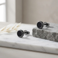 wholesale 925 Sterling Silver Black Onyx Round Stud Earrings Black Gold Plated-0-2