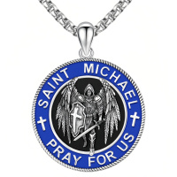 wholesale 925 Sterling Silver Saint Michael Archangel Pendant Necklace Oxidized Blue Enamel Chain-B04-Saint Michael(Black Onyx)-B04-Saint Michael(Black Onyx)