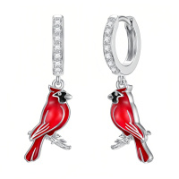 wholesale 925 Sterling Silver Red Cardinal Bird Cz Enamel Drop Earrings For Women-Cardinal Dangle Drop Earrings