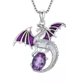 wholesale 925 Sterling Silver Elegant  Dragon Pendant Necklace with Purple Enamel Wings and Amethyst Gemstone-0-0