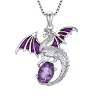 wholesale 925 Sterling Silver Elegant  Dragon Pendant Necklace with Purple Enamel Wings and Amethyst Gemstone-Dragon B