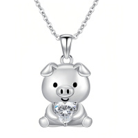wholesale 925 Sterling Silver Cute Pig Holding Heart Zircon Pendant Necklace-03-01-Pig-03-01-Pig