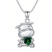wholesale 925 Sterling Silver Cute Bull Pendant With Green Gemstone Necklace-02-05-Cow-May.-02-05-Cow-May.