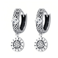 wholesale 925 Sterling Silver Norse Valknut Charm Huggies With Cz Zircon Huggie Earrings-Viking Hoop Earrings-Silver