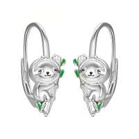 wholesale 925 Sterling Silver Cute Sloth Tree Branch Hoop Earrings Platinum Plated Green Enamel-Sloth