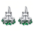 wholesale 925 Sterling Silver Cute Frog On Green Lotus Leaf Drop Earrings Platinum Plated-0-0
