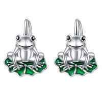 wholesale 925 Sterling Silver Cute Frog On Green Lotus Leaf Drop Earrings Platinum Plated-Frog