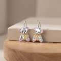 wholesale 925 Sterling Silver Cute Teddy Bear Gold Bow Pink Enamel Drop Earrings-0-2