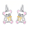wholesale 925 Sterling Silver Cute Teddy Bear Gold Bow Pink Enamel Drop Earrings-0-0