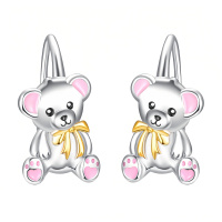 wholesale 925 Sterling Silver Cute Teddy Bear Gold Bow Pink Enamel Drop Earrings-Bear