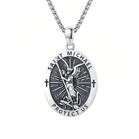 wholesale 925 Sterling Silver Saint Michael Archangel Medal Pendant Necklace Oxidized Oval-45-St Michael(2-oval silver)