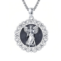 wholesale 925 Sterling Silver Guardian Angel Pendant Necklace Oxidized Vintage Filigree Oval Chain-89-St Uriel Filigree(round silver)