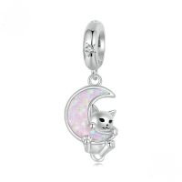 wholesale 925 Sterling Silver Cat Crescent Moon Charm Bead Pink Opal Butterfly Cubic Zirconia Bracelet-undefined