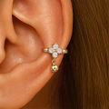 wholesale S925 Sterling Silver Four-leaf Clover Floral Zircon-studded Ear Crawler With Small Gold Bead Drop-0-2