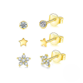 wholesale S925 Sterling Silver Round Star Stud Earrings Set Of 3, Inlaid With Zircons,ins。-0-0