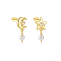 wholesale S925 Sterling Silver Star Moon Pearl Moonstone Zircon Inlaid Stud Earrings,-0-17