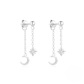 wholesale S925 Sterling Silver Geometric Star And Moon Earrings With Pearl, Zircon, And Fringe Chain-0-9