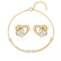 wholesale S925 Sterling Silver Heart Zircon Bow Double Layer Bracelet And Earring Set-0-0