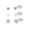 wholesale S925 Sterling Silver Round Star Stud Earrings Set Of 3, Inlaid With Zircons,ins。-0-4