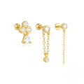 wholesale S925 Sterling Silver Zircon-studded Gold-plated Ball Threaded Ear Cuff With Chain Fringe-0-4