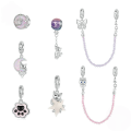 wholesale 925 Sterling Silver Cat Crescent Moon Charm Bead Pink Opal Butterfly Cubic Zirconia Bracelet-0-1