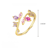 wholesale S925 Sterling Silver Adjustable Floral Ring With Colorful Zirconia, Elegant Nature-inspired Design-K2129-Gold/Adjustable