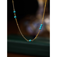 wholesale S925 Sterling Silver Vintage European American Turquoise Geometric Bead Choker Necklace For Women-A3279-Gold 925 Silver