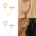 wholesale S925 Sterling Silver Single Round Zircon-encrusted Tassel Chain Ear Climber Cuff Earring-0-1