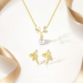 wholesale S925 Sterling Silver Small Leaf Earrings With Zirconia And Pearl Necklace Set, Featuring A Minimalist Branch Design-0-1