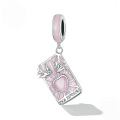 wholesale Sterling Silver S925 Tarot Lovers Pendant, Pink Enamel Card Charm Bracelet-0-1
