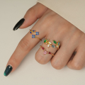 wholesale S925 Sterling Silver Adjustable Floral Ring With Colorful Zirconia, Elegant Nature-inspired Design-0-1