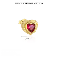 wholesale S925 Sterling Silver With Colorful Zircon Heart Earrings, Dopamine Sweet And Edgy Style, Luxurious And Advanced-YE0214_Red Steel 5_18K Yellow Plated_Single_With Small Flower Ear Cap 925 Silver