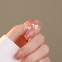 wholesale S925 Sterling Silver Bow Earrings For Women, Korean Style Minimalist, Versatile, Fashionable, Sweet, Matte Finish Ear Wholesale-Silver/Frosted 925 Silver