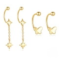 wholesale S925 Sterling Silver Four-pointed Star Earrings With Eight-pointed Star Pendant, Butterfly, And Small Gold Ball Studs-0-0