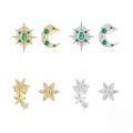 wholesale 925 Sterling Silver New Asymmetrical Octagram Moon Flower Zircon Inlaid Earrings, Summer Hot Sellers-0-0