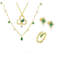 wholesale S925 Sterling Silver Four-leaf Clover Necklace, Adjustable Snake Ring, And Emerald Zircon Earrings Set-0-0