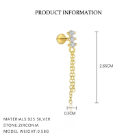 wholesale S925 Sterling Silver Tassel Zircon Flat Back Earrings For Women, French Style Trendy Luxury High-end European And American Wholesale-E4743-Gold/Single 925 Silver